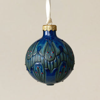 Intricately carved and glazed ceramic globe ornament with ivory satin ribbon – Ornament No. 375