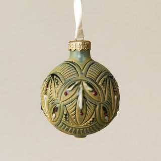 Intricately carved and glazed ceramic globe ornament with ivory satin ribbon – Ornament No. 376