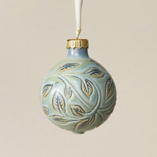 Intricately carved and glazed ceramic globe ornament with ivory satin ribbon – Ornament No. 378