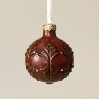 Intricately carved and glazed ceramic globe ornament with ivory satin ribbon – Ornament No. 379