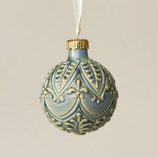 Intricately carved and glazed ceramic globe ornament with ivory satin ribbon – Ornament No. 380