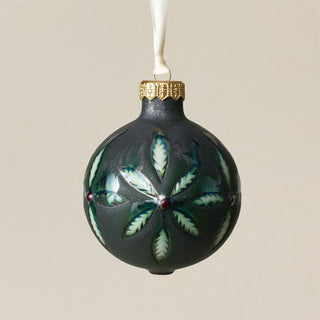 Intricately carved and glazed ceramic globe ornament with ivory satin ribbon – Ornament No. 381