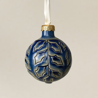 Intricately carved and glazed ceramic globe ornament with ivory satin ribbon – Ornament No. 389