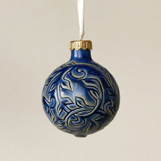 Intricately carved and glazed ceramic globe ornament with ivory satin ribbon – Ornament No. 393
