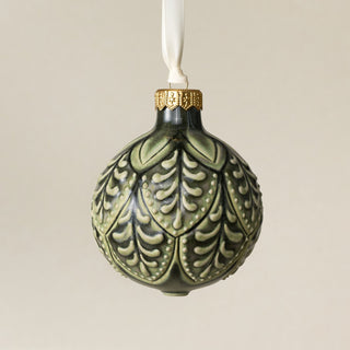 Intricately carved and glazed ceramic globe ornament with ivory satin ribbon – Ornament No. 399