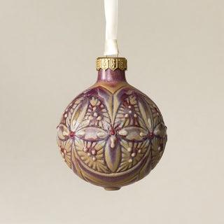 Intricately carved and glazed ceramic globe ornament with ivory satin ribbon – Ornament No. 400