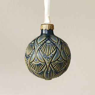 Intricately carved and glazed ceramic globe ornament with ivory satin ribbon – Ornament No. 401