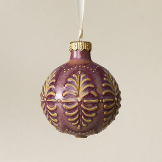 Intricately carved and glazed ceramic globe ornament with ivory satin ribbon – Ornament No. 408