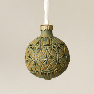 Intricately carved and glazed ceramic globe ornament with ivory satin ribbon – Ornament No. 412