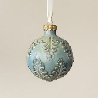 Intricately carved and glazed ceramic globe ornament with ivory satin ribbon – Ornament No. 415