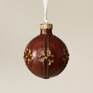 Intricately carved and glazed ceramic globe ornament with ivory satin ribbon – Ornament No. 417