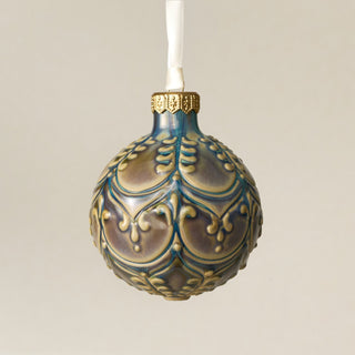 Intricately carved and glazed ceramic globe ornament with ivory satin ribbon – Ornament No. 418
