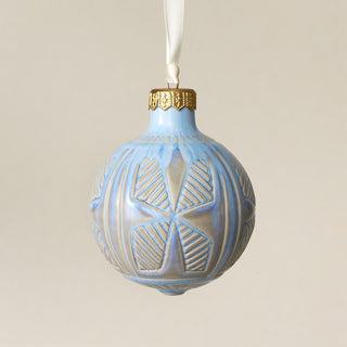 Intricately carved and glazed ceramic globe ornament with ivory satin ribbon – Ornament No. 422