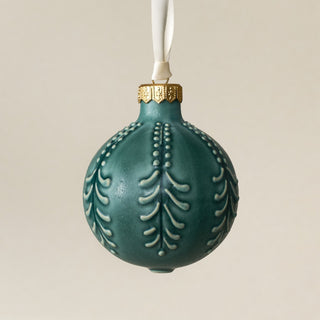 Intricately carved and glazed ceramic globe ornament with ivory satin ribbon – Ornament No. 426