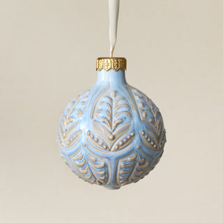 Intricately carved and glazed ceramic globe ornament with ivory satin ribbon – Ornament No. 429