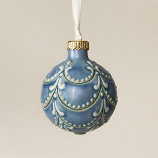 Intricately carved and glazed ceramic globe ornament with ivory satin ribbon – Ornament No. 432