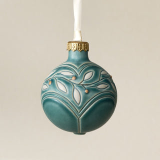 Intricately carved and glazed ceramic globe ornament with ivory satin ribbon – Ornament No. 437