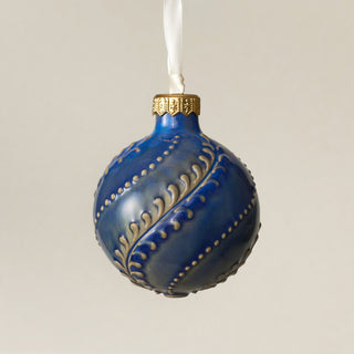 Intricately carved and glazed ceramic globe ornament with ivory satin ribbon – Ornament No. 440