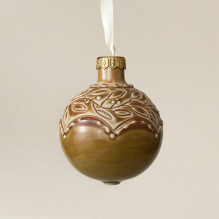 Intricately carved and glazed ceramic globe ornament with ivory satin ribbon – Ornament No. 447