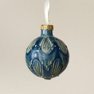 Intricately carved and glazed ceramic globe ornament with ivory satin ribbon – Ornament No. 448