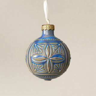Intricately carved and glazed ceramic globe ornament with ivory satin ribbon – Ornament No. 461