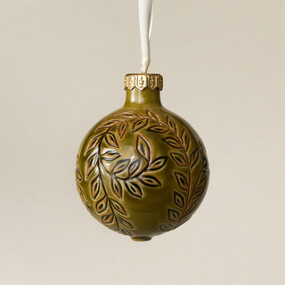 Intricately carved and glazed ceramic globe ornament with ivory satin ribbon – Ornament No. 462