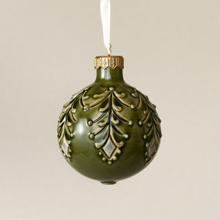 Intricately carved and glazed ceramic globe ornament with ivory satin ribbon – Ornament No. 464