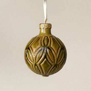 Intricately carved and glazed ceramic globe ornament with ivory satin ribbon – Ornament No. 465
