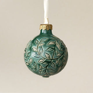 Intricately carved and glazed ceramic globe ornament with ivory satin ribbon – Ornament No. 467
