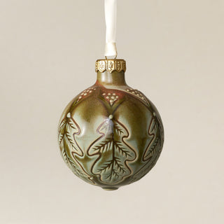 Intricately carved and glazed ceramic globe ornament with ivory satin ribbon – Ornament No. 469
