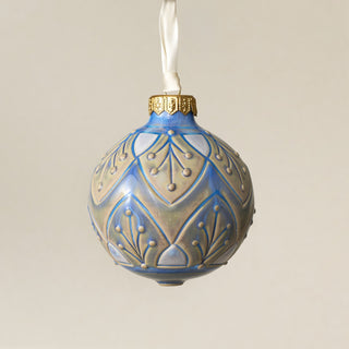 Intricately carved and glazed ceramic globe ornament with ivory satin ribbon – Ornament No. 475