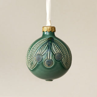 Intricately carved and glazed ceramic globe ornament with ivory satin ribbon – Ornament No. 476