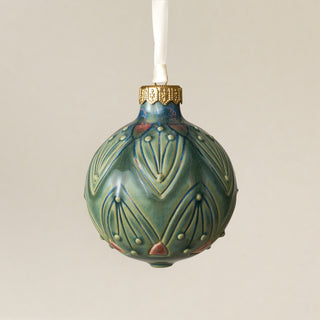 Intricately carved and glazed ceramic globe ornament with ivory satin ribbon – Ornament No. 477