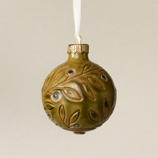 Intricately carved and glazed ceramic globe ornament with ivory satin ribbon – Ornament No. 478