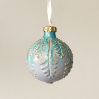 Intricately carved and glazed ceramic globe ornament with ivory satin ribbon – Ornament No. 480