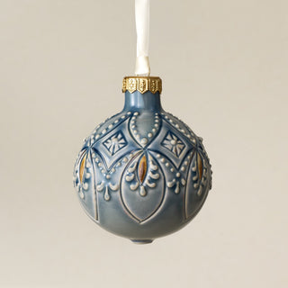 Intricately carved and glazed ceramic globe ornament with ivory satin ribbon – Ornament No. 481