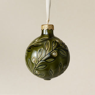 Intricately carved and glazed ceramic globe ornament with ivory satin ribbon – Ornament No. 482