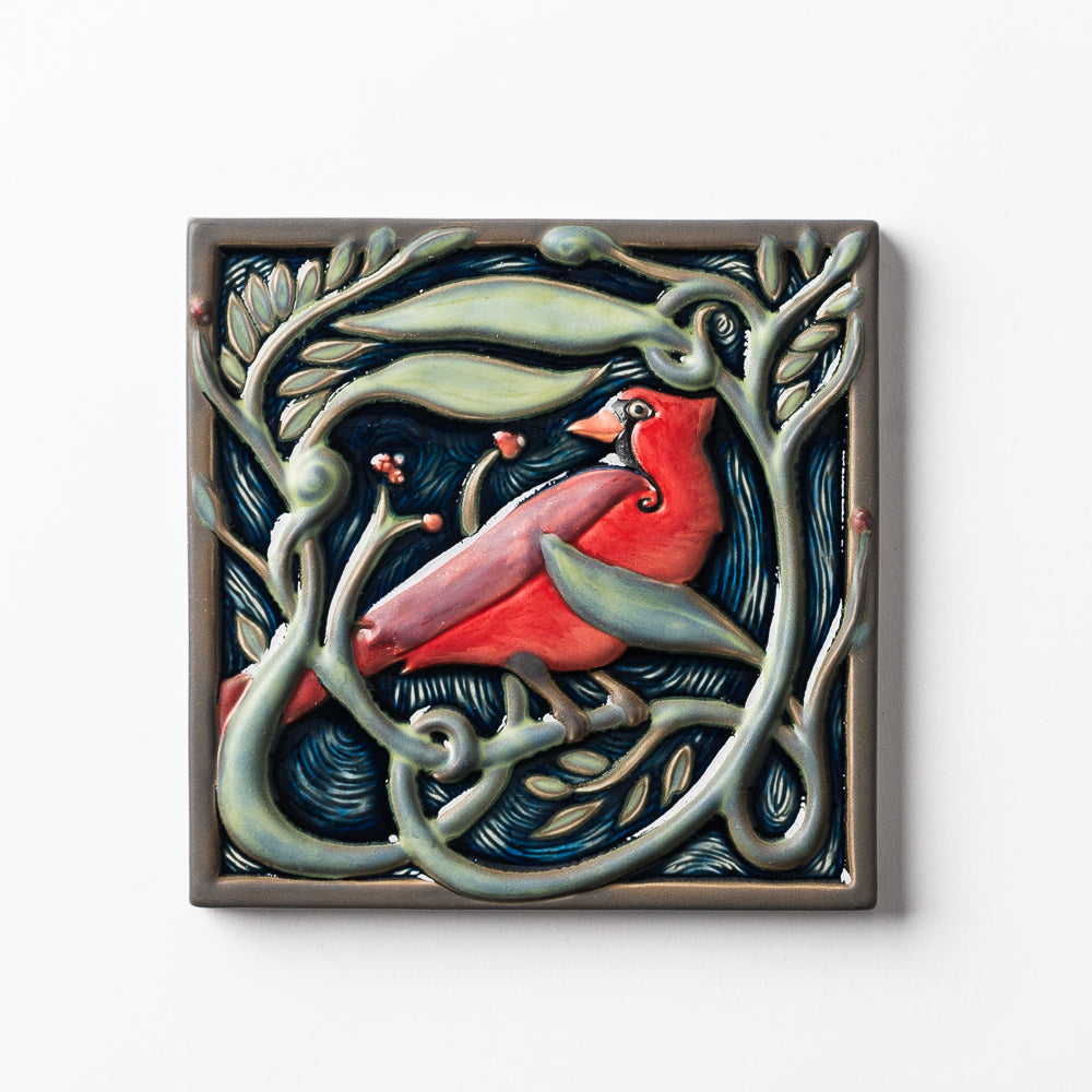 Hand Painted Revival Bird Tiles, Cardinal