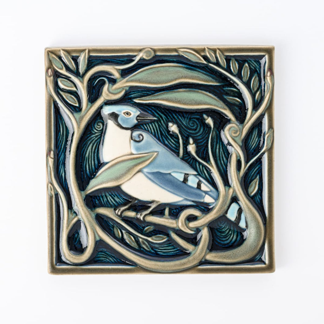 Hand Painted Revival Bird Tiles, Bluejay