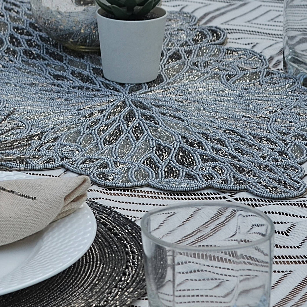 Elegance Smoke & Silver Glass Bead Embroidered Table RunneR 35